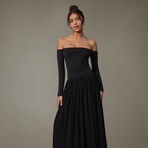 Off Shoulder Long Sleeve Maxi Dress | A-Line Formal Solid Black Dress
